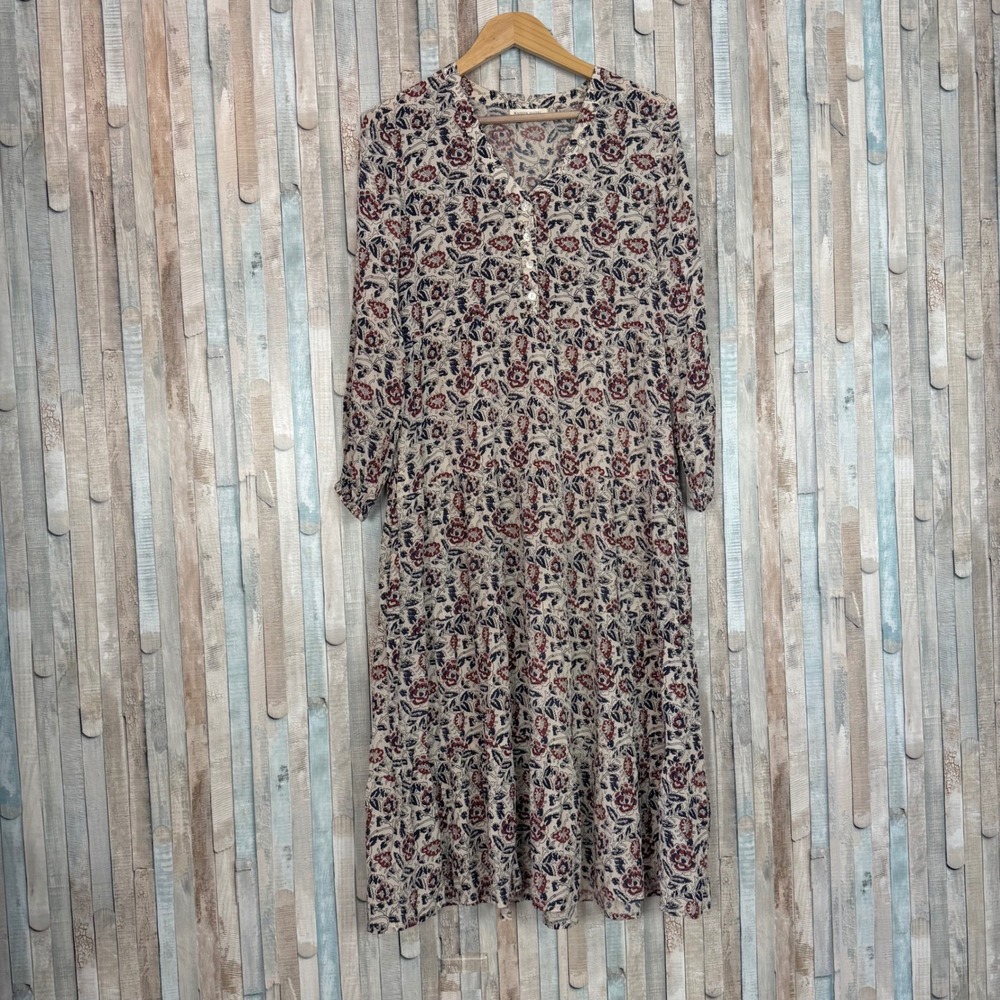 Maison Hotel Floral Boho Midi Dress Tiered Button Front V Neck‎ Long Sleeve XS
